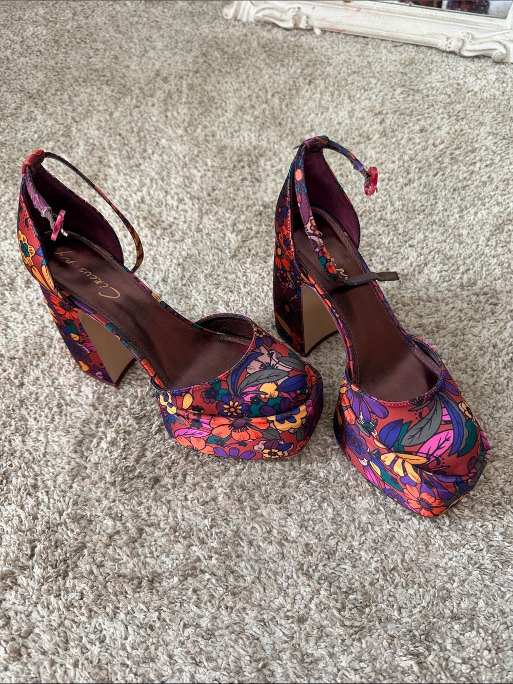 Floral Platform Ankle-Strap Heels in Multicolor